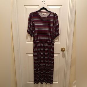 LOFT Size petite L navy stripe drawstring midi dress